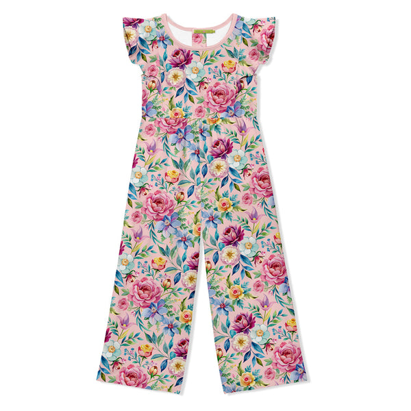 Kids Pink Rose Angel-Sleeve Overalls