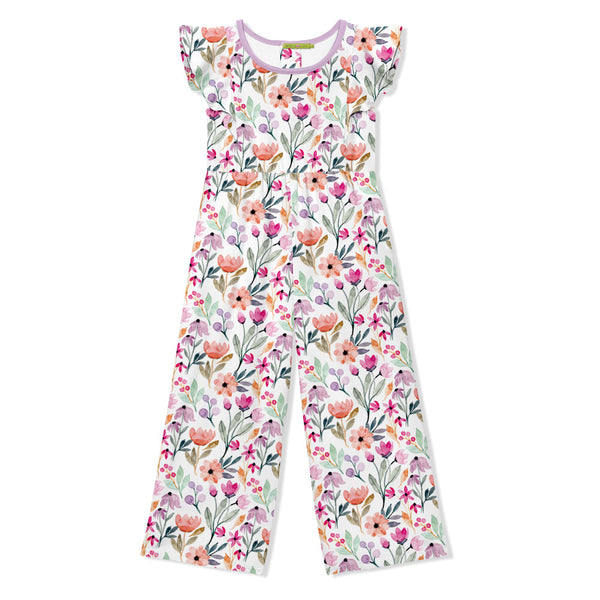 Kids White Petulia Floral Angel-Sleeve Overalls