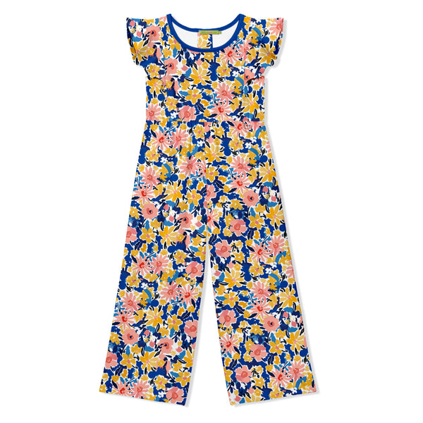 Kids Navy Floral Filigree Angel-Sleeve Overalls