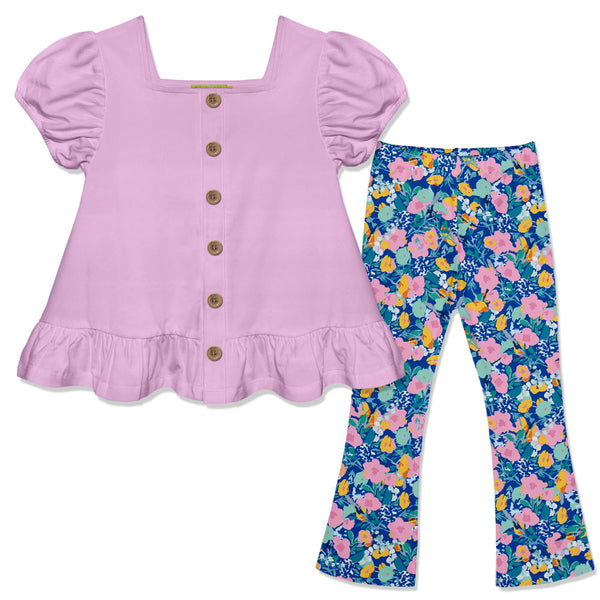 Kids Lilac Top & Floral Whimsy Flare Leggings Set