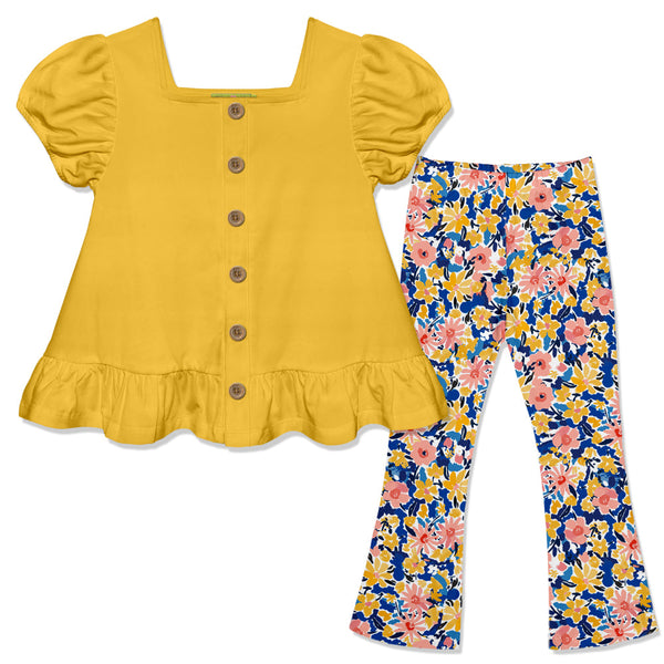 Kids Yellow Top & Floral Filigree Flare Leggings Set