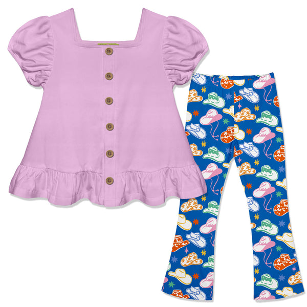 Kids Lilac Top & Blue Rodeo Hat Flare Leggings Set