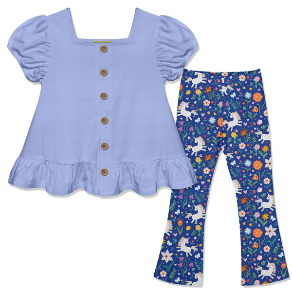 Kids Periwinkle Puff-Sleeve Top & Unicorn Prance Flare Leggings
