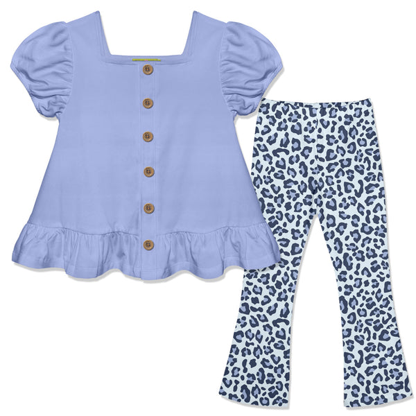 Kids Periwinkle Puff-Sleeve Top & Skin Print Flare Leggings