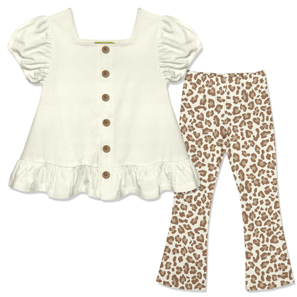 Kids Cream Puff-Sleeve Top & Skin Print Flare Leggings