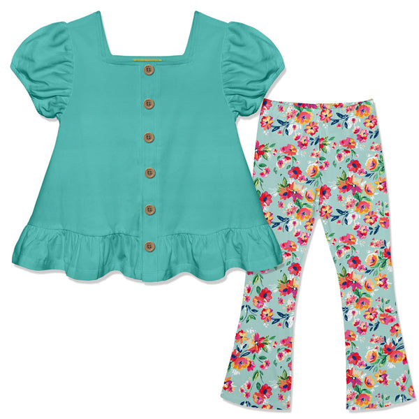 Kids Green Puff-Sleeve Top & Becky Floral Flare Leggings