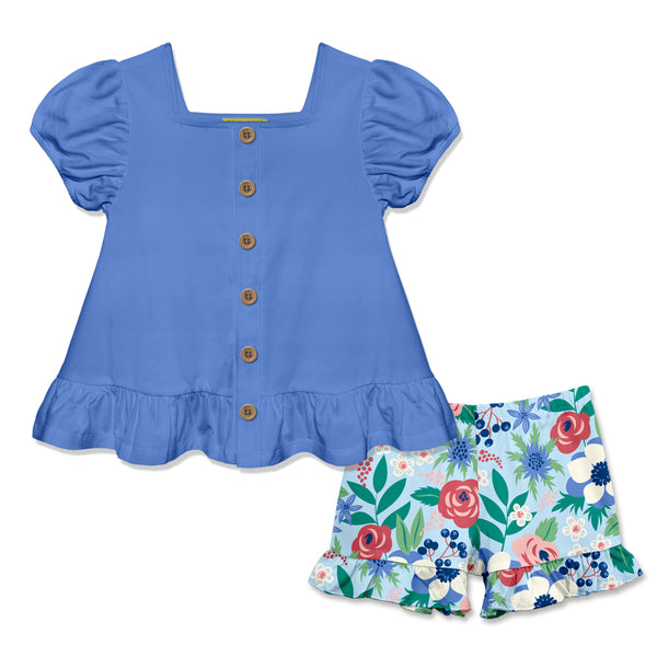 Marina Blue Puff-Sleeve Top & Mandy Floral Ruffle Shorts