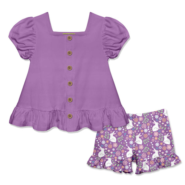 Kids Purple Puff-Sleeve Top & Spring Bunny Ruffle Shorts