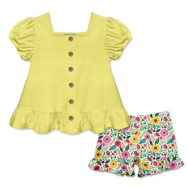 Kids Bright Yellow Puff-Sleeve Top & Flowering Ruffle Shorts