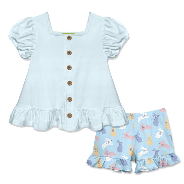 Kids Ice Blue Puff-Sleeve Top & Bunnies Ruffle Shorts
