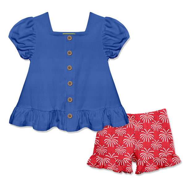 Kids Blue Puff-Sleeve Top & Red Fireworks Shorts