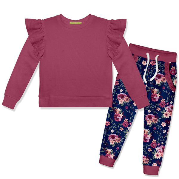Kids Slate Rose Angel-Sleeve Top & Velour Willow Flowers Joggers