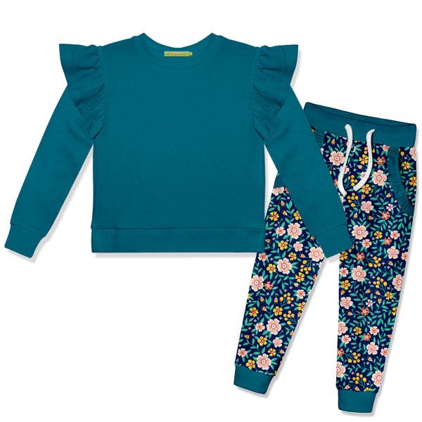 Kids Teal Angel-Sleeve Top & Velour Flowers Joggers