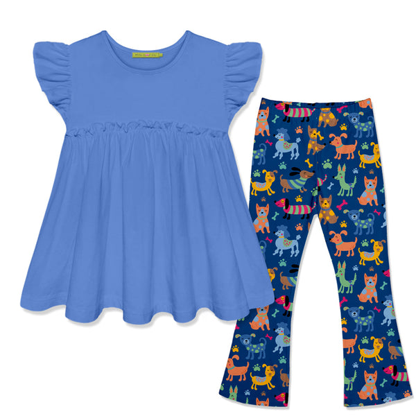 Kids Marina Blue Baby-Doll Top & Doggies Flare Leggings