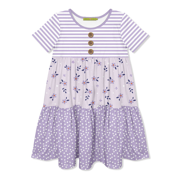 Lilac Stripe Petals Floral Tiered Button-Front Dress