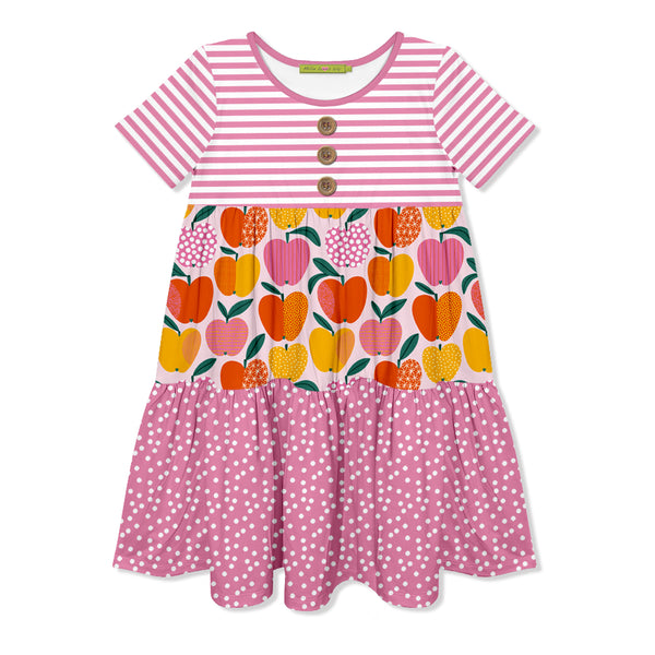 Millie Loves Lily Girls Violet Happy Apple Printed Tiered Short Sleeve Dress
