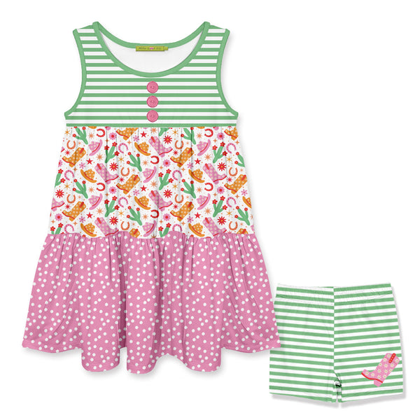 Kids Pink Western Style Tiered Sleeveless Dress & Stripe Shorts