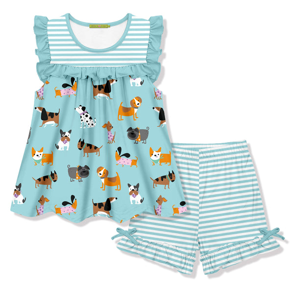 Nile Blue Doggie Ruffle Sleeveless Top & Stripe Bow Shorts