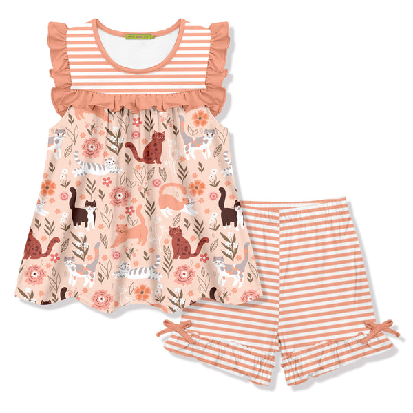 Coral Pretty Kitty Ruffle Sleeveless Top & Stripe Bow Shorts