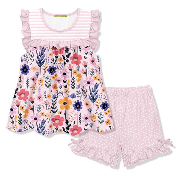 Pink Floral Ruffle Sleeveless Top & Bow Shorts
