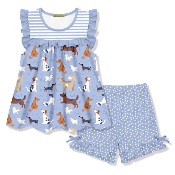 Kids Periwinkle Dog Park Ruffle Sleeveless Top & Pin Dot Bow Shorts