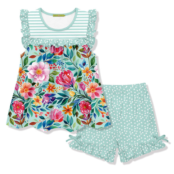 Kids Mint Becky Floral Ruffle Sleeveless Top & Pin Dot Bow Shorts