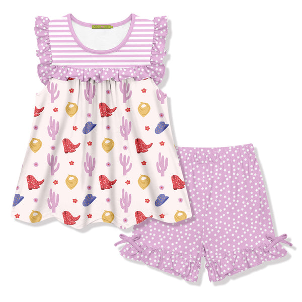 Kids Pink Western Cactus Ruffle Sleeveless Top & Pin Dot Bow Shorts