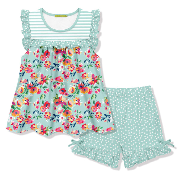 Kids Mint Flower Ruffle Sleeveless Top & Pin Dot Bow Shorts