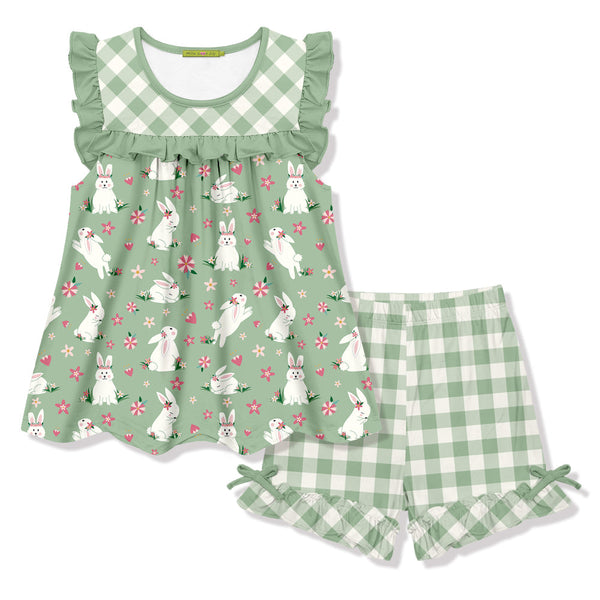 Kids Sage Bunny Hop Ruffle Sleeveless Top & Check Bow Shorts
