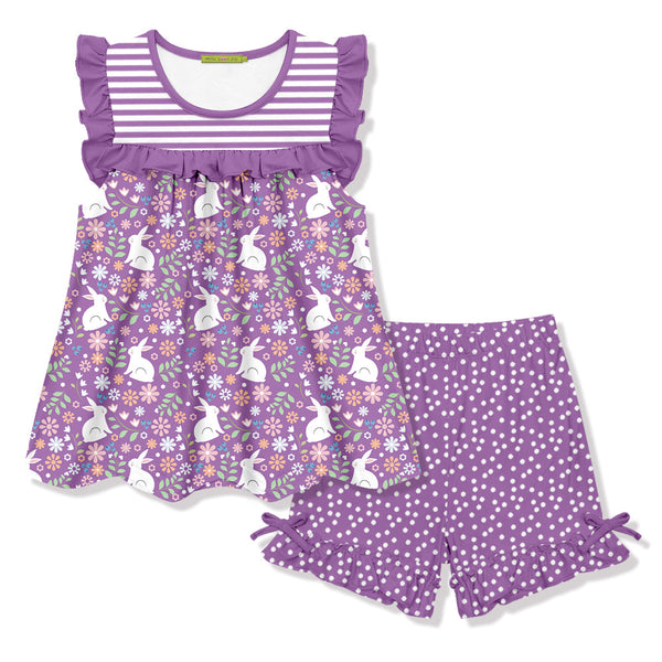 Kids Purple Spring Bunny Ruffle Sleeveless Top & Pin Dot Bow Shorts