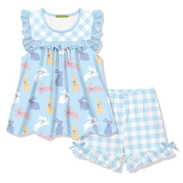 Kids Pale Blue Bunnies Ruffle Sleeveless Top & Check Bow Shorts
