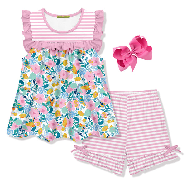 3-PC Pink Floral Whimsy Ruffle Sleeveless Top Shorts & Hair Bow Set