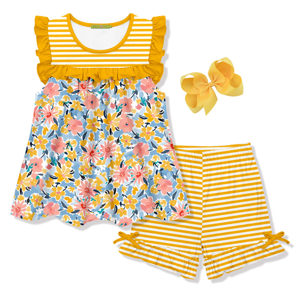 3-PC Marigold Floral Filagree Ruffle Sleeveless Top Short & Hair Bow Set
