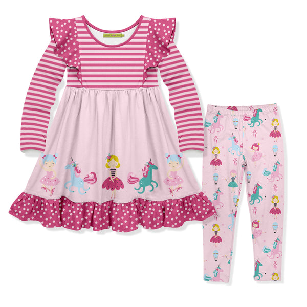 Millie Loves Lily Girls Pink Princess Border Print Dress and Legging Set, 2-PCS