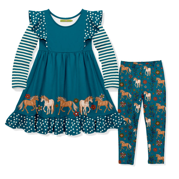 Millie Loves Lily Girls Teal Pony Border Dress & Legging Set