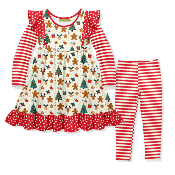 Kids Cream Gingerbread Christmas Angel-Sleeve Dress & Stripe Leggings