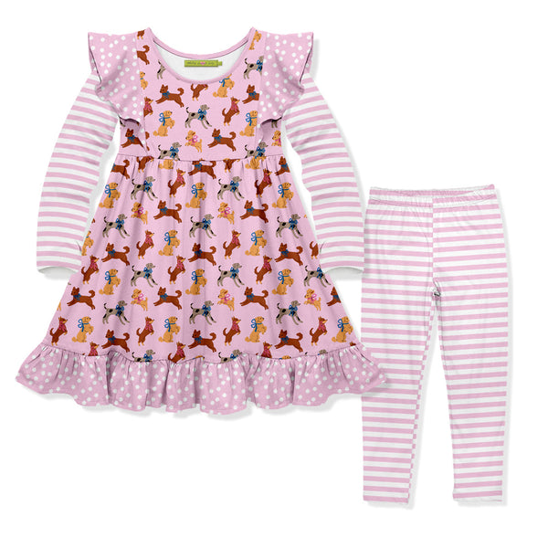 Kids Pink Puppies'n Bows Angel-Sleeve Dress & Stripe Leggings
