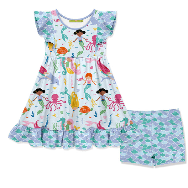 Millie Loves Lily Girls Blue Mermaid Print Dress and Shorts Set