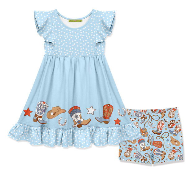 Kids Ice Blue Howdy Boots Border Print Dress & Shorts Set
