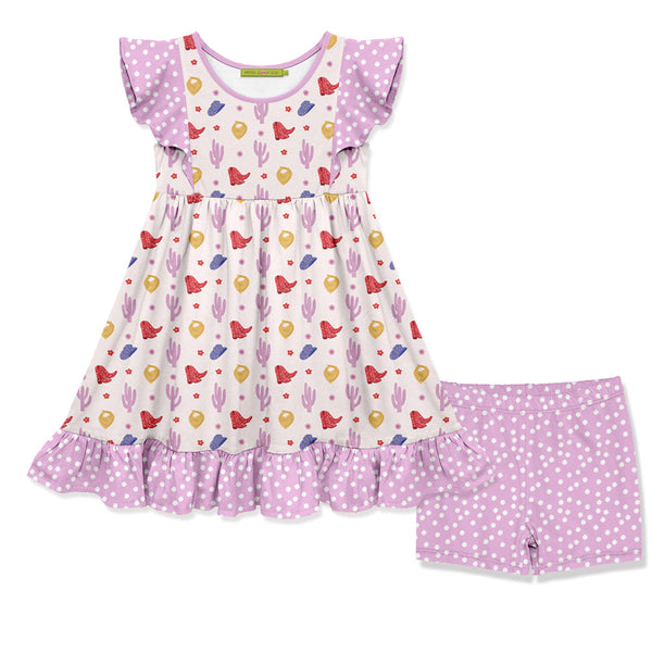 Kids Pink Western Cactus Angel-Sleeve Dress & Shorts