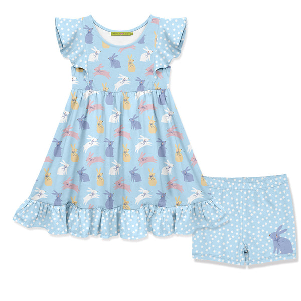Kids Pale Blue Bunnies Angel-Sleeve Dress & Shorts