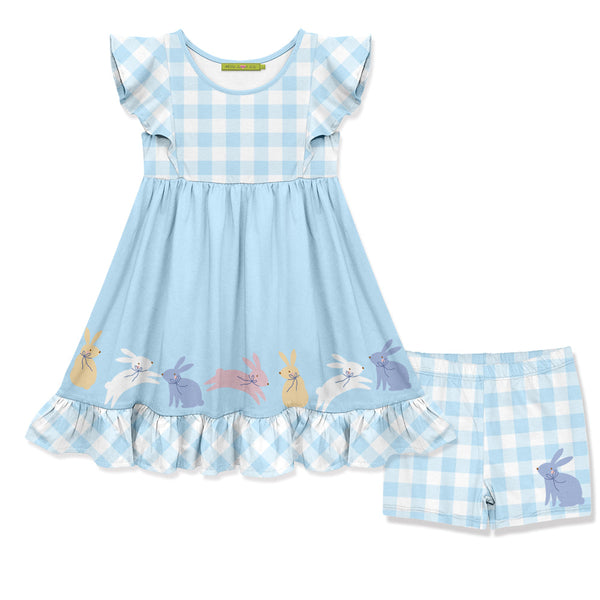 Kids Pale Blue Check Bunnies Angel-Sleeve Dress & Shorts