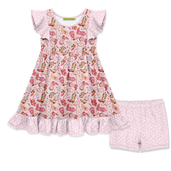 Kids Pink Howdy Angel-Sleeve Dress & Shorts