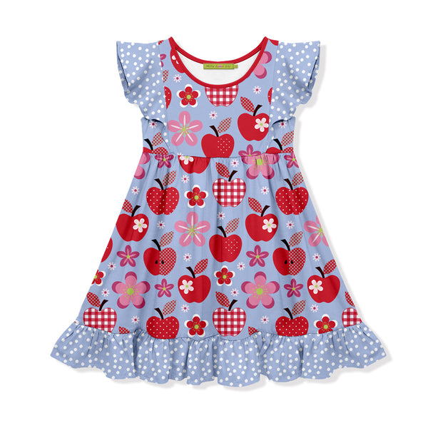 Millie Loves Lily Girls Blue and Red Apple Print Angel Wing Dress
