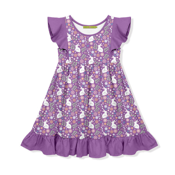 Kids Purple Spring Bunny Angel-Sleeve Dress