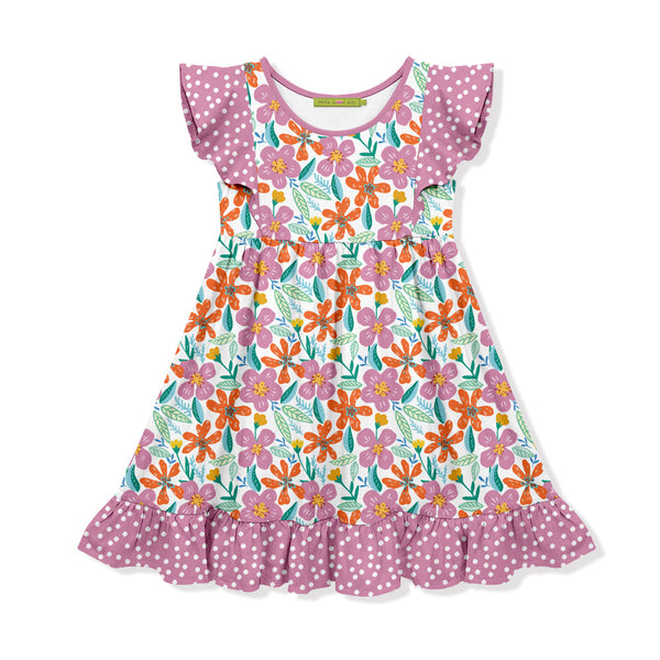 Kids Violet Flower Angel-Sleeve Dress