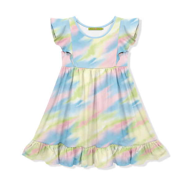Kids Light Blue Clouds Tie-Dye Angel-Sleeve Dress