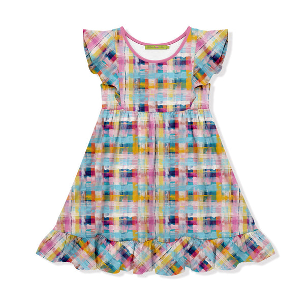 Kids Turquoise Firefly Plaid Angel-Sleeve Dress