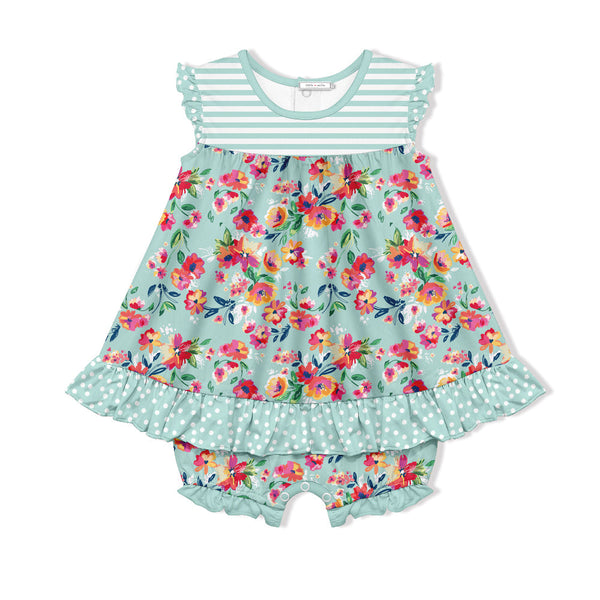 Kids Mint Flowering Skirted Bubble Romper