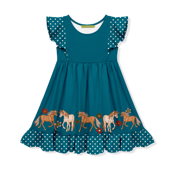 Millie Loves Lily Girls Teal Pony Border Angel Sleeve Dress